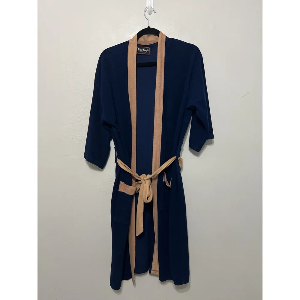 Vintage Classic Navy Blue Royal Knight MEN'S COTTON WRAP AROUND‎ ROBE SIZE L